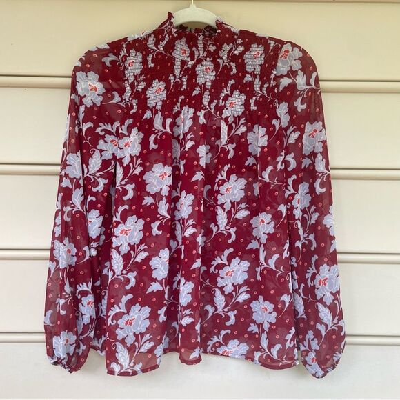 a.n.a Red Floral Sheer Smocked Blouse Long Sleeve Top Size XS NWT - Picture 1 of 10